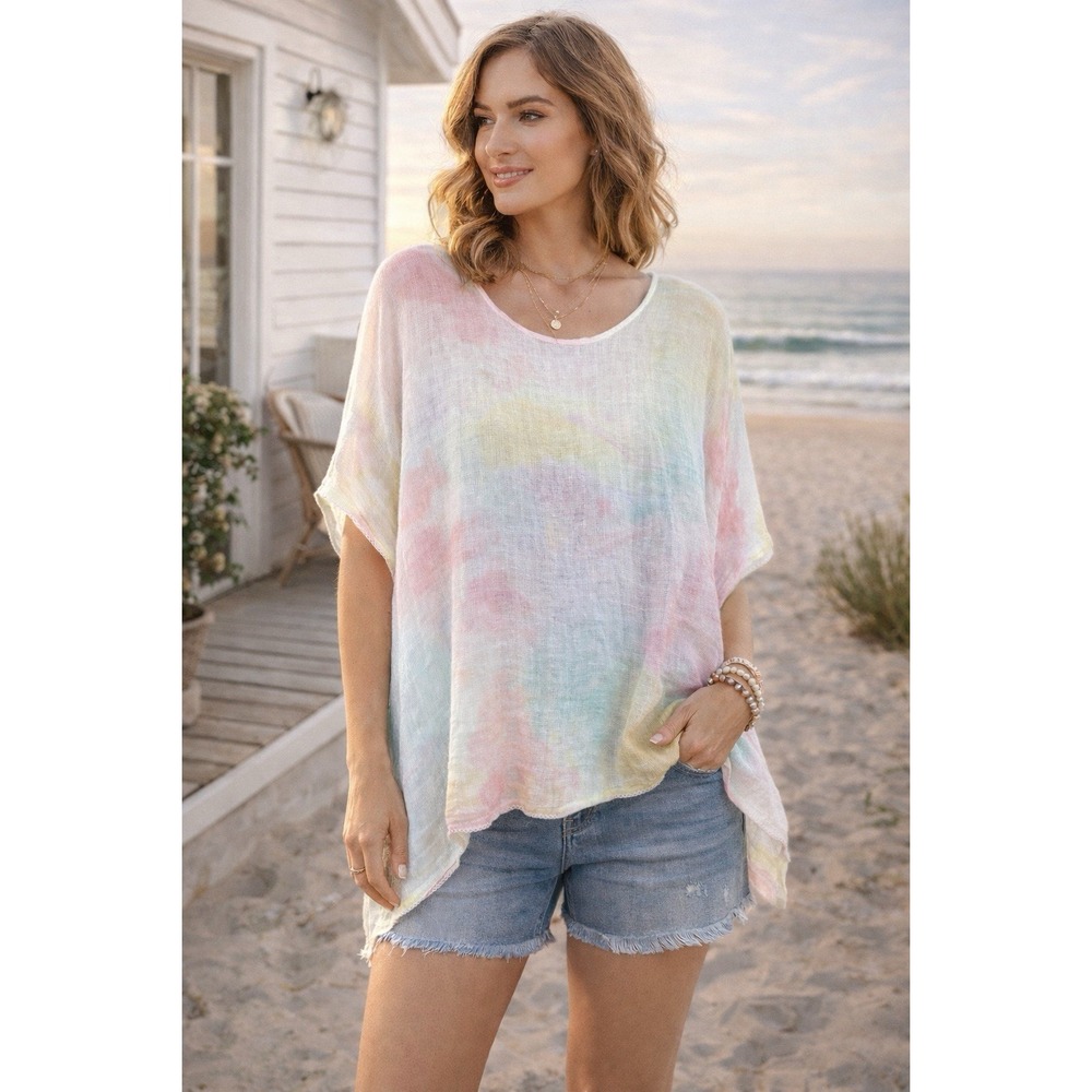 J.Jill Pure Jill Linen Top Boxy Poncho Sz M/L Pastel Bohemian Beach Resort